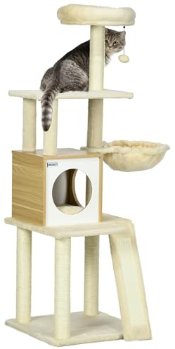 PawHut Kratzbaum aus Holz 141,5 cm Sisal Katzenbaum mit Katzenhöhle, Katzenspielzeug, Katzenkratzbaum mit Hängebett, Kletterbaum mit 2 Plattformen, Kätzchen Möbel, Beige