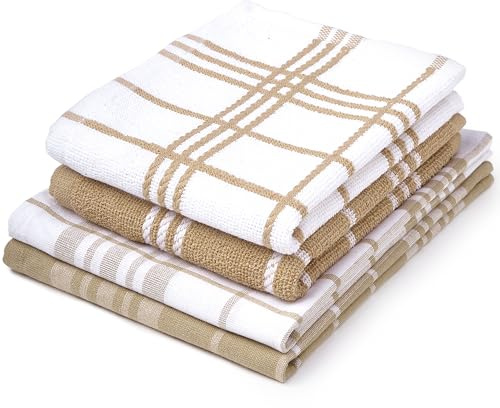 Encasa XO Juegos de paños de Cocina y paños de Cocina Beige Sin Rizo + Rizo Toallas de Felpa de algodón Altamente absorbentes | 70x45 cm | Multiusos para Lavar Platos y Limpiar Juego de 4
