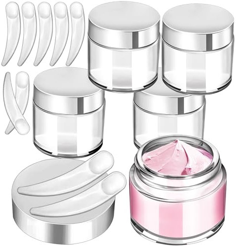 MotBach 4 Pack 2oz Glass Jars with Lids,Small Glass Jars with Lids and Inner Liners,60ml Empty Glass Jars Travel Toiletries Cosmetic Containers with Spatulas for Slime Sample Lip Balm Cream Lotion