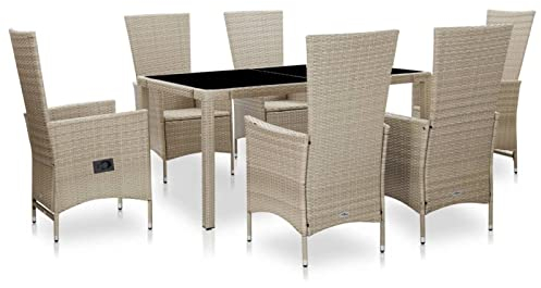 Gecheer 7-TLG.Gruppo da pranzo da giardino, set da pranzo con 1 tavolo, 6 sedie (2 di cui sono regolabili), 6 cuscini per seduta, rattan PE + piano in vetro+telaio in acciaio verniciato a polvere