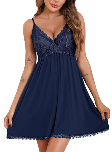 Sopesil Nuisette Femme,Chemises de Nuit à Dentelle Col V,Lingerie de Nuit Sensuelle avec Bretelles Reglables Robe de Nuit,XL,Bleu Marine