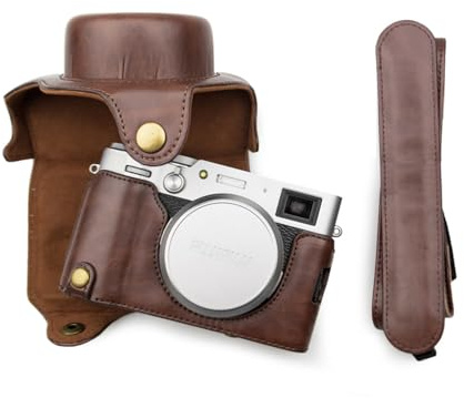 FUJIFILM X100VI Fodral, PU-läderskyddsfodral kompatibelt med Fujifilm X100VI kamera, justerbar axelrem, lätt att bära, lägg till grepp – kaffe