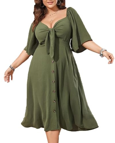 BSLVWG Vestido de verano para mujer talla grande 2024, casual, manga corta, primavera verano, profundo para vacaciones, cuello en V, elegante, con lazo de moño, ajuste holgado, vestido tipo túnica con