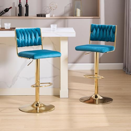 chairus Set di 2 Sgabelli da Bar in Velluto Sgabelli Cucina Regolabili in Altezza Sgabelli Moderni Design con Schienale Sgabelli Alti con Gambe in Metallo per Bar/Isola/Cucina, Petrolio