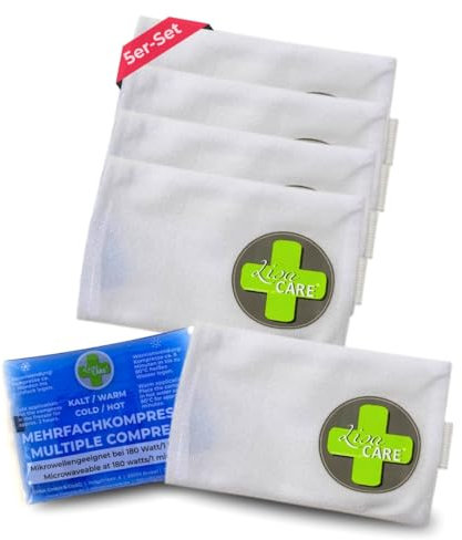 LisaCare Custodia in tessuto non tessuto per cuscinetti refrigeranti 12 x 8,5 cm, 5 compresse refrigeranti con chiusura in velcro, con elastico per protezione e tenuta sicura (5 x 12 x 8,5 cm)