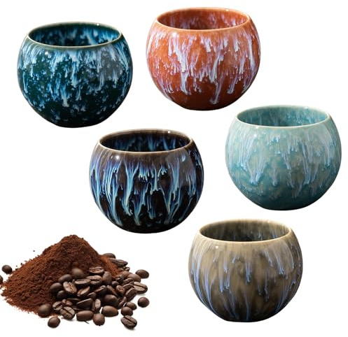 WANDGU Set di Mini Tazze da Espresso in Ceramica: 5 Pezzi Tazze da Espresso di Alta Qualità, Tazza da tè in Gres Giapponese a Pareti Spesse, Senza Tige, 140 ml, per Expresso, Tè