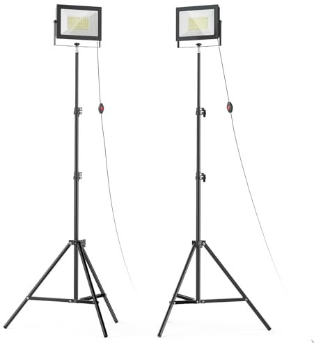 LIVOWALNY Lot de 2 projecteurs LED avec trépied – 100 W, 11 000 lumens, étanche IP65, tête réglable – Lampe de travail portable pour extérieur, camping et atelier (2 pièces)