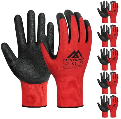 flintronic Guantes de Trabajo Profesionales, 6 Pares Guantes Trabajo Hombre, Látex Nailon Guant-es de Traba-jo, Guant-es Mecanico Taller, para Jardinería, Construcción (L/9)