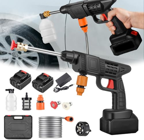 Akku Hochdruckreiniger, Max 90 Bar Tragbarer Mobiler Hochdruckreiniger mit 2 X 6000mAh Akku, 6 in 1 Multi-Sprühdüse, 5M Schlauch, Verlängerungslanze, Gartenhaustier Outdoor Autoreinigungswerkzeug