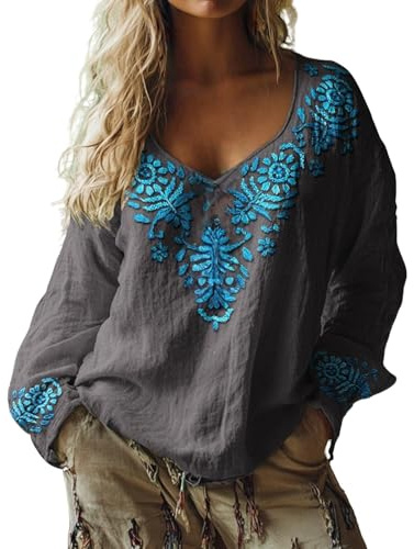 Boho Tops for Women Oversized Bohemian Embroidered Tops Fall Long Sleeve Vintage Loose Elegant Blouses Ladies Beach Leisure Hippie Clothes Retro Floral Pattern Tunics XL, Blue Style#2
