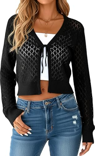 Coloquin Women Long Sleeve Tie Front Open Front Crochet Knit Bolero Shrug Cropped Cardigan Going Out Tops Black S