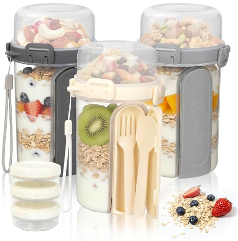 Mulaibdin 3 Pcs Overnight Oats Jar Plastic, Reusable Granola and Yoghurt Pot with Spoon & Fork, Cereal Cup On The Go Container with Sauce Box, Breakfast Pots with Lids for Salads,Fruit,Milk,Porridge
