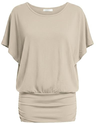 Van Der Rich ® - Tunica T-Shirt Casual con Maniche a Pipistrello e Fondo Arricciato Elastico Blusa Morbida - Donna (Beige, L)