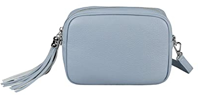 OBC Made in Italy Damen Leder Tasche Umhängetasche Schultertasche Beuteltasche Cross-Over Crossbody Bag Glattleder Schmucktasche Fransen Ledertasche Hellblau