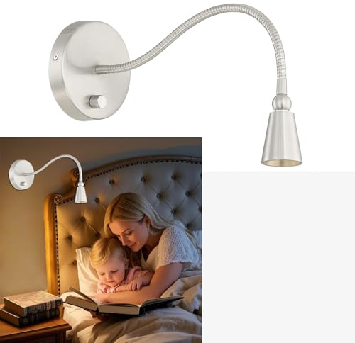 HomeFocus - LED Wall Lamp, Bedside Reading Light, Dimmable 3 Modes, Eye-Caring, Wall Sconces, 5W 3000K Warm White, Flexible Gooseneck, Metal, Satin Nickel