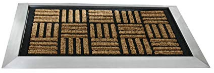 Fußmatte mit Edelstahl-Rahmen, 70x50cm, Design 12: Kokos - Gummi, Edelstahl mattiert (Marke: Szagato) (Schmutzfangmatte Fußabtreter Schmutzmatte Türvorleger Sauberlaufmatte Schmutzabstreifer)