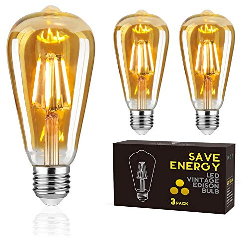 Woowtt LED Vintage Bulb E27, LED Edison Light Bulb Dimmable Filament Bulb Retro Amber Glass Screw Lamp 400LM ST64-3 Pack