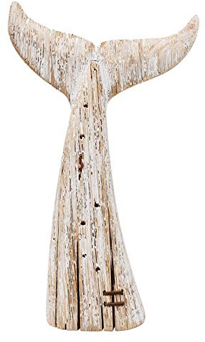 E-view Wood Whale Statue Wooden Nautical Decor for Home - Antique Fish Figures Decoration Animal Statues Beach Themed Wall Art (Whale Tail Figurine)