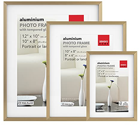 Sensio Home 3 Pack Photo Frame Aluminium Metal Gold Various Sizes Tempered Safety Glass Premium Quality (3 Pack, Gold)