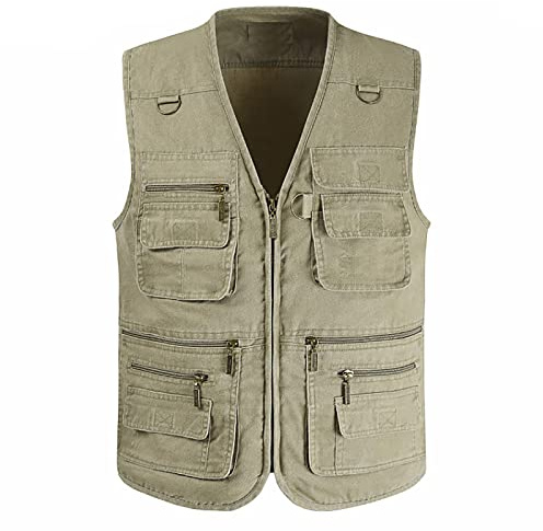 Songyi Hommes Gilet Multi-Poches sans Manches Été Respirant Séchage Rapide pour Travail Voyager Pêche Photographie(Size:5XL,Color:Kaki)