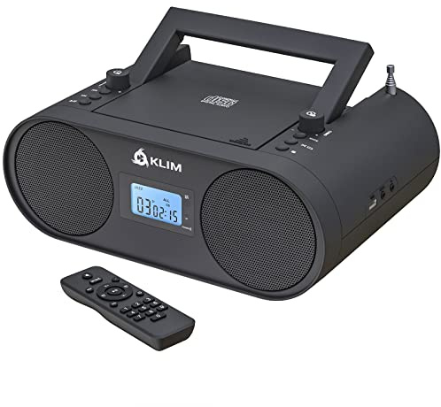 Klim Boombox B4 CD Player Portable Audio System - AM/FM Radio with CD Player MP3 Bluetooth AUX USB, Rechargeable, Remote Control, Autosleep Digital EQ (Renewed)