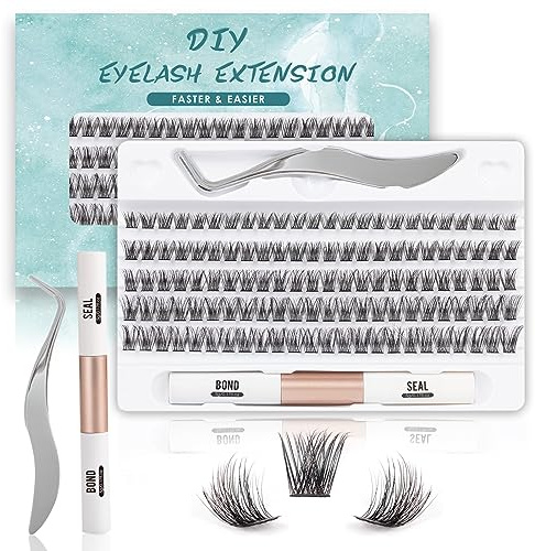 SISILILY Lash Extension Kit-Individual Lashes with Bond and Seal | 120 Lash Clusters DIY False Eyelashes Natural Cluster Lashes with Eyelash Glue and Lash Tweezers 10/12/14/15/16mm（DM17-mix)