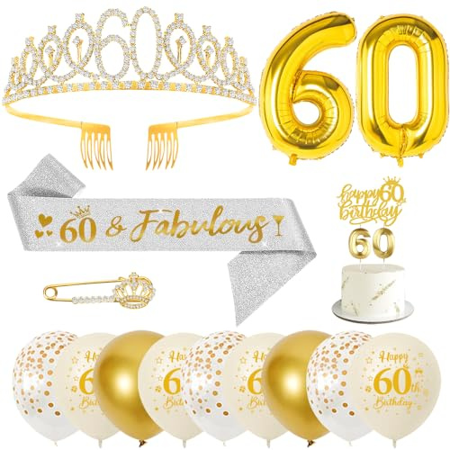 60 Anni Decorazioni Compleanno Donna, 60° Fusciacca e Diadema Oro, Happy Birthday Cake Topper, Candele di Compleanno Numero e Palloncini, Regalo Donna 60 Anni