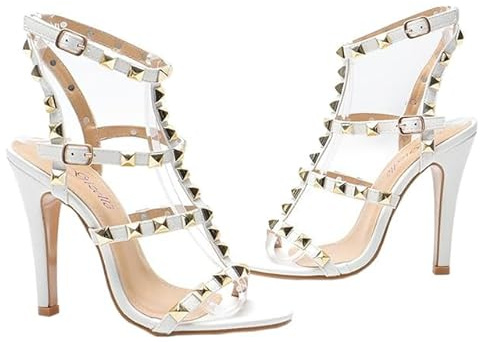 Gizelle® Womens High Heel Sandals Studded Rivet Buckle Ankle Strappy Stiletto Shoes – Ladies Open Toe Office Party Heeled Sandal White Patent, 4