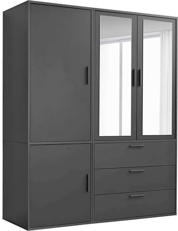 mokebo Kleiderschrank mit Spiegeltüren 4-türig & 3 Schubladen 'Der Grenzenlose', Spiegelschrank, Schlafzimmerschrank, Garderobenschrank mit Spiegel in Schwarz, Schrank aus Holz in 150x187x58 (BxHxT)