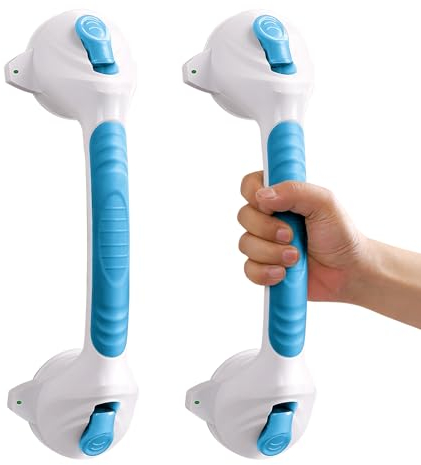 Casgee Lot de 2 poignées d'appui de douche sans perçage, 38 cm, pour personnes âgées, poignée d'appui avec ventouse jusqu'à 110 kg, poignée de baignoire avec avertissement d'aspiration, poignée de