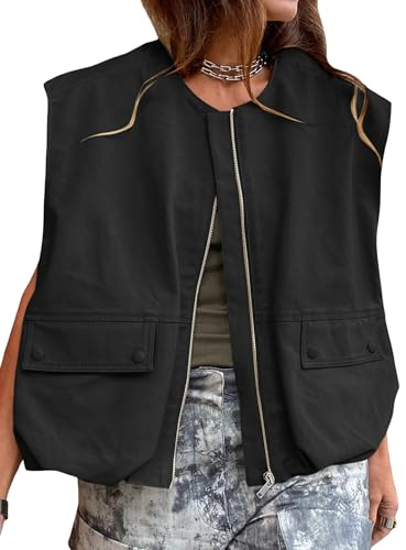 Acrawnni Cargoweste für Damen, übergroße Größe, lässig, ärmellos, lockere Passform, durchgehender Reißverschluss, gerüschter Saum, Blazerjacke, Weste mit Taschen, A-schwarz, L