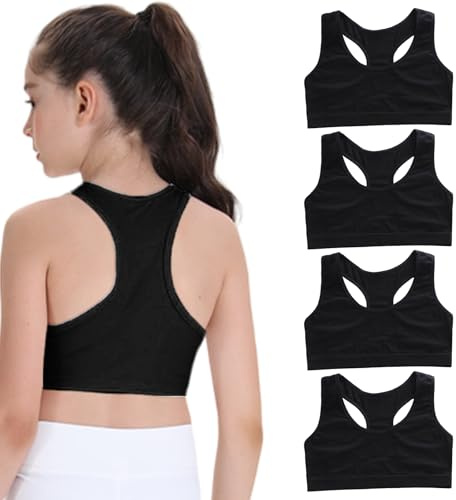 FUIPVGI 4 Pezzi Reggiseno Top Bimba Bambina Brassiere Canottiere Corte Reggiseni Sportivi in Cotone Bambina Ragazza,Reggiseni Sportivi da Corsa per Bambine 8-14 Anni (Nero)