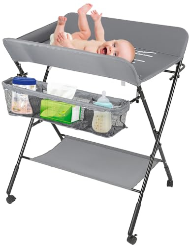CICICOLA Table à Langer pour bébé avec Roues, Station à Langer Pliante Portable à Hauteur réglable(93/96/99cm) avec Organiseur de pépinière et Support de Rangement -80 * 66 * 98 cm (Gris)