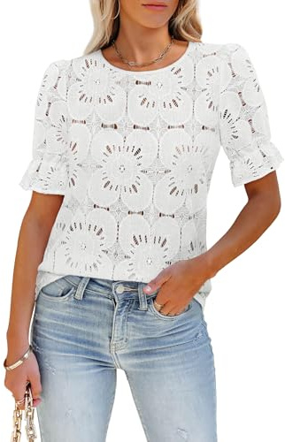 LUXVEER Blouses for Women Dressy Casual Eyelet Lace Floral Embroidered Cute Tops 2026 Trendy Summer Night Out Boho Shirts White S