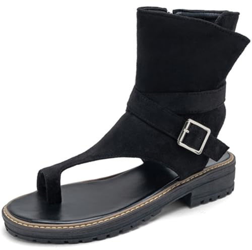 MiaZane Sandalias Planas de caña Alta para Mujer Parte Superior de Gamuza Cómoda Cremallera sin Cordones Elegantes Botas Romanas para Ropa Informal de Verano al Aire Libre,Negro,41 EU