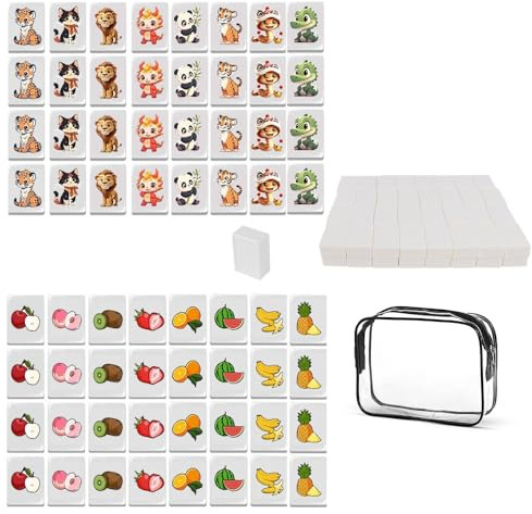 KBIBCK Seaside Escape Game Blocks Mahjong Sets, 65 Tiles Seaside Escape Board Games, Mini Mahjong Set, Cartoon & Fruit Pattern MahjongGame Beachside Board Games, Family Board Game for Kids and Adults