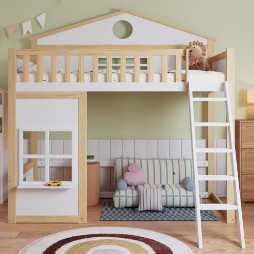 KOMHTOM Lit Mezzanine 90x200cm Multifonctionnel avec Échelle, 3 Fenêtres et Barrière de Sécurité – Lit Superposé en Bois, Cadre de Pin, Sommier à Lattes - sans Matelas (Blanc + Nature - C)
