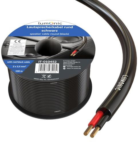 Lumonic Cable de altavoz 100m Negro | 2x 2,5mm² CCA | Cable de altavoz HiFi | Cable redondo de audio | Profesional PA Instalación- Audio- Cable redondo
