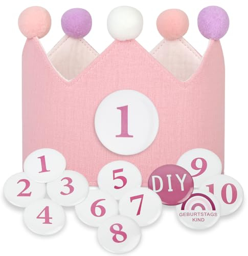 URAQT Cappellini Compleanno Bambini, Corona Compleanno Bambino con Numeri Intercambiabili da 1 a 10, Tessuto Cappello da Festa di per Bambini, Adatto a ragazzi e ragazze (Rosa)
