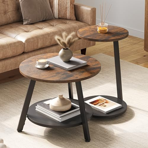 YITAHOME Mesa de Centro Redonda, Juego de 2 Mesas Auxiliares, Mesas Bajas Nido con Mesa Auxiliar en Forma de C, Mesa de Sofá con Espacio de Almacenamiento para Salón, Dormitorio, Marrón Rústico