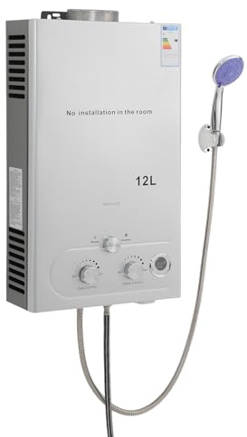 Genomströmningsvärmare 8 L/12 L/16 L, 24 KW vattenvärmare set med duschhuvud, utomhus bärbar gas-vattenvärmare, flera skydd för campingutflykter båthus (silver, 12 l)