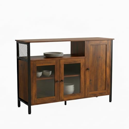 Armoire de Cuisine Relaxdays avec Portes vitrées, H x L x P : 75 x 110 x 33 cm, Buffet Style Industriel, Brun/Noir