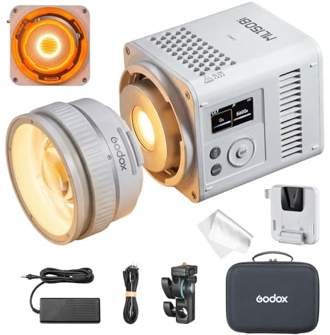 Godox ML150Bi Bi-Color LED Videoleuchte 2800–6500K, 61.054 Lux, Kompakte Modulleuchte mit Zoomobjektiv, App- & Drahtlossteuerung, CRI 96 TLCI 96, V-Mount & Netzbetrieb für Foto und Video