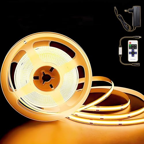 Kimuwote Tira LED COB 2M, Tira LED blanca cálida, 24V Tira de luces LED Regulables, con Mando Distancia y Fuente Alimentación,CRI92, 8 mm de Ancho, para Decoración del Hogar, Cocina, Espejo