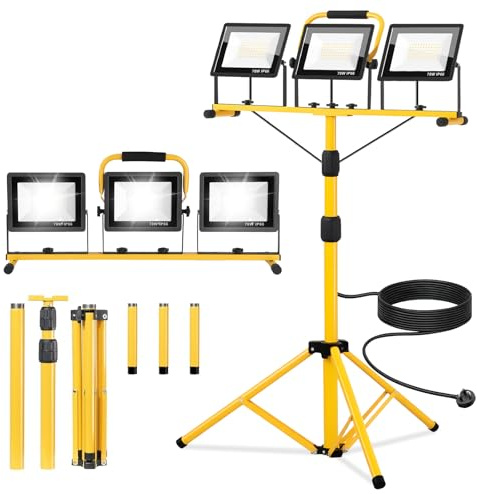 SINGTIP 210W Faro da Cantiere con Treppiede, 21000LM 6500K Faretto da Cantiere con Cavo da 5m Interruttore Singolo, IP66 Impermeabile Faro da Lavoro per Cantieri/Garage Regolabile in Altezza 200cm