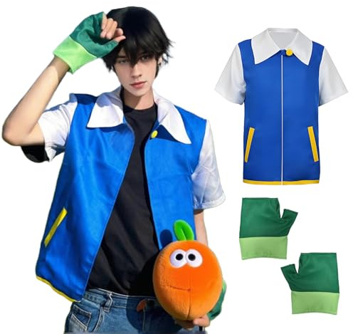 bechoanigel Anime Cosplay kostym, klassisk animekostym, ash ketchum kostym, jacka, handskset, cosplay, anime, vuxna, unisex, för karneval, temafester, scenföreställningar, vardagskläder