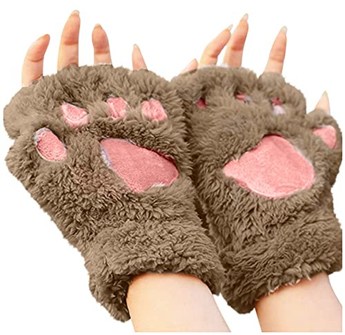 rackbone Kvinnors fleecehandskar kattklor handskar katt tass vantar fuskpäls vantar vinter varma halvfinger handskar söta katttass cosplay varma tecknade handskar, kaffe, one size