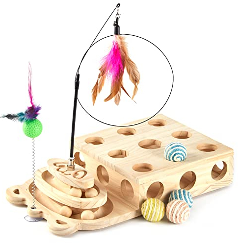 Yang Xin.Style aus Holzkugel, Katzenholzspielzeug mit Drehscheibe/lustigem Katzenstock, interaktives All-in-One-Katzenspielzeug