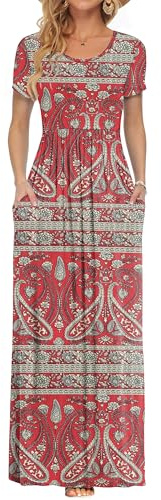 AUSELILY Maxi Dress for Women - Summer Casual Long Dresses for Ladies with Pockets XL Boho Floral Red