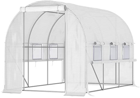 Outsunny 3 x 2 x 2m Polytunnel Greenhouse with Roll-up Sidewalls, Door and 6 Mesh Windows, Walk In Green House with UV-resistant PE Cover, White